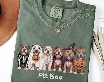 Comfort Colors® Halloween Pitbull Shirt, Pit Boo Funny Pitbull Ghost Dog Shirt, Spooky Graphic Tee, Pumpkin Dog Shirt, Cute Pittie Gift