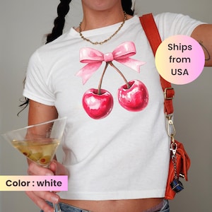 Coquette Bow Cherry Baby Tee Crop Top, Cherry Lover Shirt, Girls Trip Shirt, Cherry Graphic Tee, Aesthetic Shirt, Gift For Her