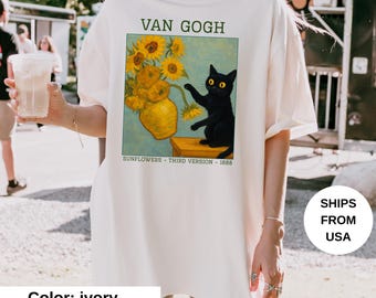 Comfort Colors Van Gogh Cat Shirt, Vintage Art Tee, Black Cat Shirt, Sunflower Cat T-Shirt, Aesthetic Painting Tee, Funny Art Lover Sweater