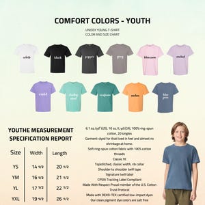 May include: A color chart for unisex youth t-shirts, featuring various colors like white, black, and blue jean. The chart includes size specifications with measurements in inches, and details about the fabric and construction.