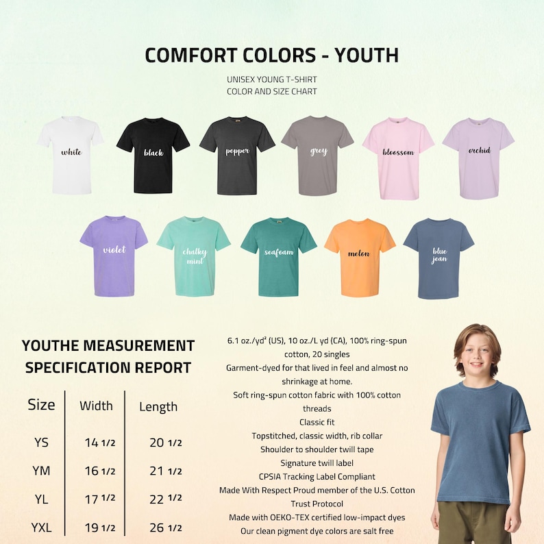 May include: A color chart for unisex youth t-shirts, featuring various colors like white, black, and blue jean. The chart includes size specifications with measurements in inches, and details about the fabric and construction.