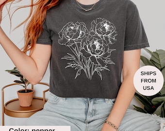 Linocut Flower Comfort Colors® Vintage Style Tshirt, Retro Block Print Peonies Shirt,Ranunculas Woodcut Stamp Tee,Cottagecore Boho Botanical