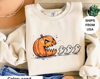 Halloween Pumpkin Eat Ghost Shirt, Funny Halloween Shirt, Halloween Gamer Gift, Halloween Party Tee, Pumpkin Pac Man Shirt, Spooky Ghost Tee