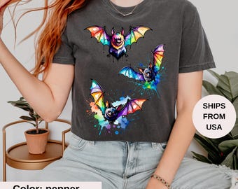 Comfort Colors® Retro Bats Tee Y2K Inspired Bats Shirt, 90s Style Bats T-shirt, Artsy Bat Lover Gift, Retro Aesthetic Halloween Bats Shirt