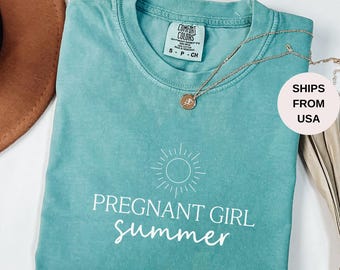 Comfort Colors® Pregnant Girl Summer Shirt, Beach Pregnancy Announcement T-shirt, Pregnancy Reveal Tee, Baby Shower Gift, Mom Shirt