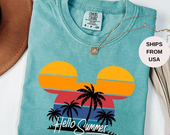 Chemise d'été Mickey Hello couleurs confort, chemise de vacances d'été familiale assortie, t-shirt voyage d'été, chemise de plage Mickey Mouse, t-shirt Summer Vibes