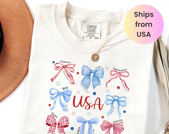 Comfort Colors Christian Patriotic Shirt, Faith and Freedom USA Tee, Bible Verse Bow Graphic Shirt, 4th of July Soft Vintage T-Shirt Women