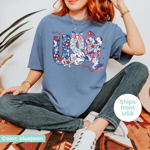 Comfort Colors® Coquette USA Shirt, 4th of July Shirt Women, Stars Stripes USA Flag Shirts, Floral Patriotic Shirt, Red White Blue