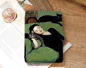 Vintage Green Cat Nap Kindle Case, Moody Black Cat PaperWhite Cover, Art Kindle Sleeve, Kobo Clara Libra Case, Personalized Cat Lover Case