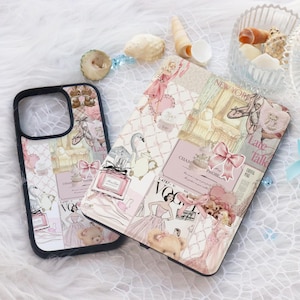 May include: A pink and white phone case with a collage of images including a swan, perfume bottle, ballerina shoes, and a Vogue magazine cover. The case has a black border and a clear back.