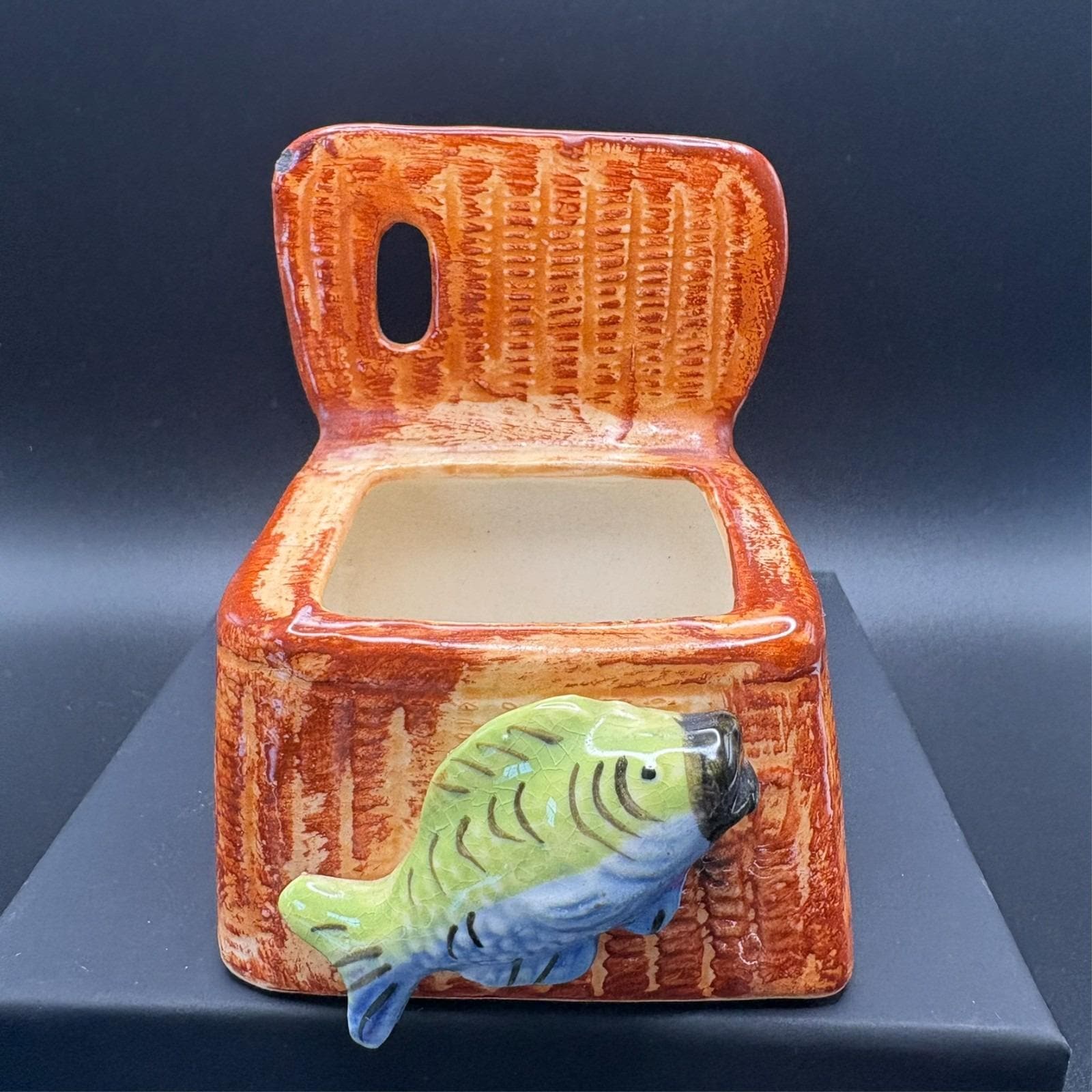Vtg Pottery Fishing Creel Basket 3D Fish Blue Green Vase Box Match Holder