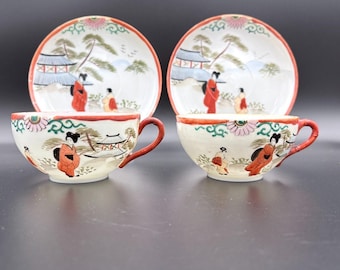 Antique Japan Kutani Geisha Ware Pagoda Eggshell Porcelain 2 Sets of Cup Saucer