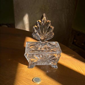 May include: A clear, rectangular cut glass trinket box with a lid featuring a prominent, leaf-shaped finial. The glass body displays intricate geometric starburst patterns and sits on four small feet. A one-euro coin is placed nearby for scale.