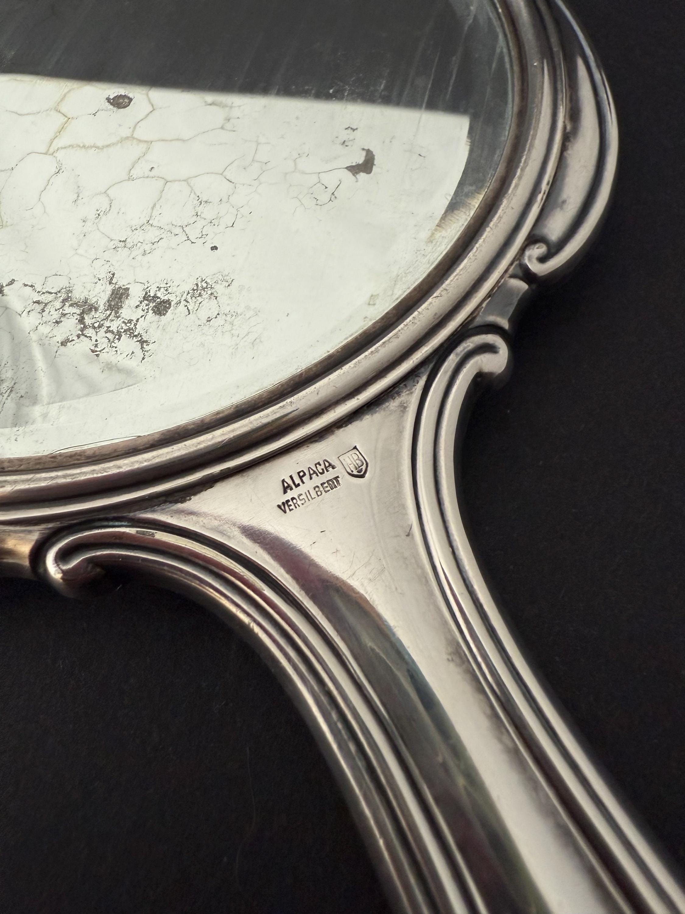Vintage German Hand Mirror Alpaca Silver Plated Art Deco 25 Cm