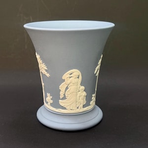 Wedgwood Jasperware Blue Vase Cache Pot Classical Relief England Vintage Planter Cup Neoclassical Decor