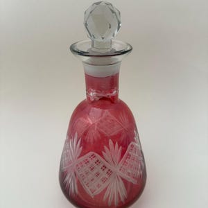 Antique French Crystal Decanter | 1900s Red Cut Glass | 25cm Liquor Carafe | Ruby Bohemian Style
