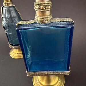 Pair of 1950s French Perfume Bottles | Blue Glass & Brass | Mid-Century Vanity Decor image 7