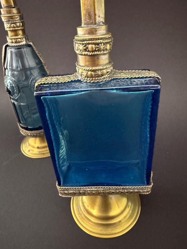 Pair of 1950s French Perfume Bottles | Blue Glass & Brass | Mid-Century Vanity Decor image 7