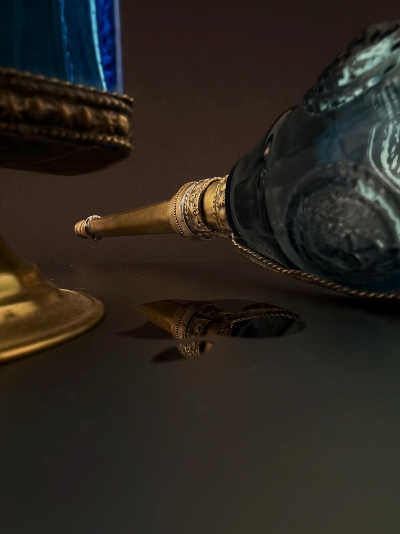Pair of 1950s French Perfume Bottles | Blue Glass & Brass | Mid-Century Vanity Decor image 4