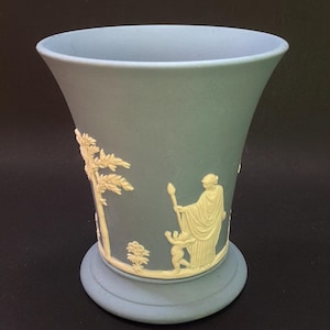 Wedgwood Jasperware Blue Vase Cache Pot Classical Relief England Vintage Planter Cup Neoclassical Decor