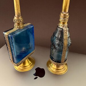 Pair of 1950s French Perfume Bottles | Blue Glass & Brass | Mid-Century Vanity Decor image 2