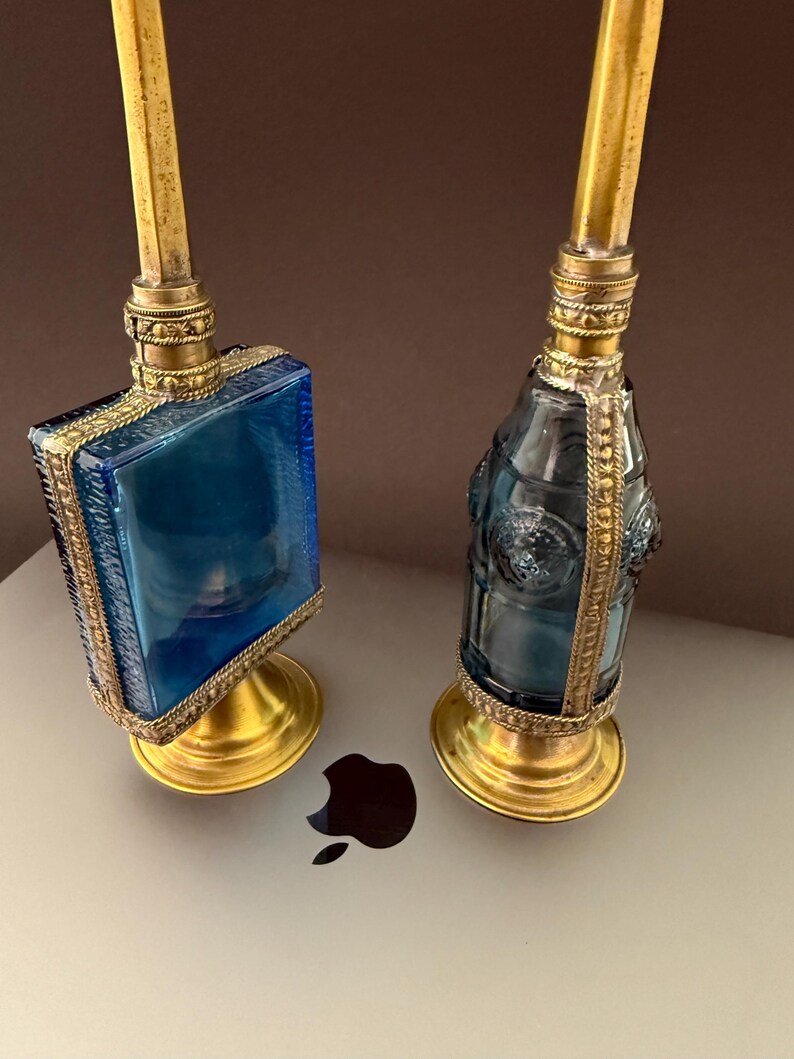 Pair of 1950s French Perfume Bottles | Blue Glass & Brass | Mid-Century Vanity Decor image 2