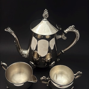 Vintage Silver Plated Tea Set – Teapot 0.7L, Sugar Bowl & Creamer – Ornate Baroque Style – Antique Style Serving Set