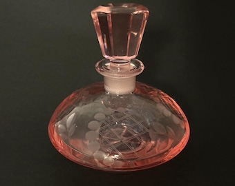 Vintage Pink Perfume Bottle, Cut Glass Vanity Decanter, 1970s