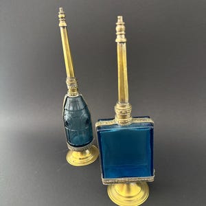 Pair of 1950s French Perfume Bottles | Blue Glass & Brass | Mid-Century Vanity Decor image 8