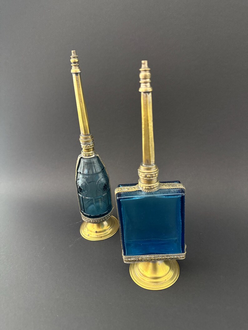 Pair of 1950s French Perfume Bottles | Blue Glass & Brass | Mid-Century Vanity Decor image 8