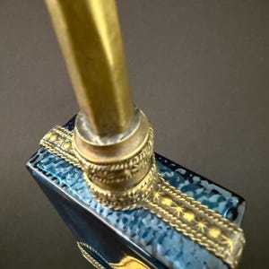 Pair of 1950s French Perfume Bottles | Blue Glass & Brass | Mid-Century Vanity Decor image 5