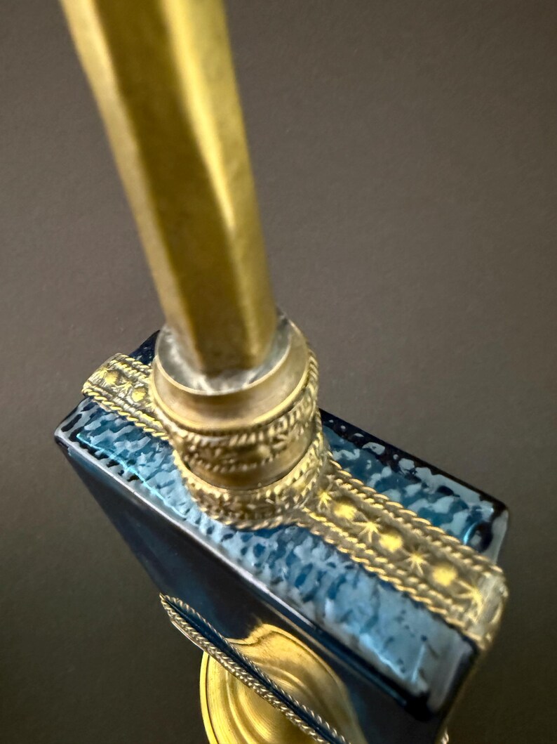 Pair of 1950s French Perfume Bottles | Blue Glass & Brass | Mid-Century Vanity Decor image 5