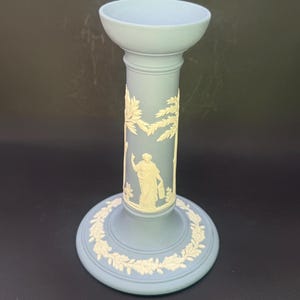 Wedgwood Jasperware Blue Candlestick Classical Relief England Vintage Candle Holder Greco Roman Decor
