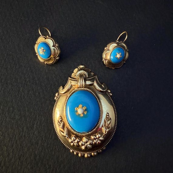 Biedermeier Jewelry Set – Antique Brooch & Earrings, 14K Gold Plated, Turquoise Enamel, 19th Century German Parure