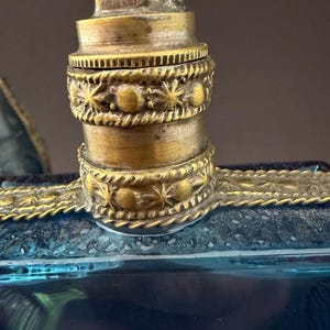 Pair of 1950s French Perfume Bottles | Blue Glass & Brass | Mid-Century Vanity Decor image 6