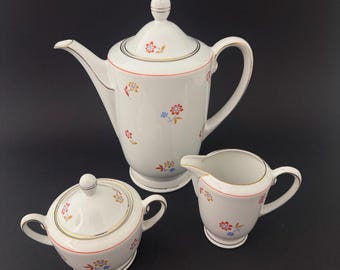 Juego de café de porcelana bávara vintage: tetera, jarro para leche y azucarero, diseño floral pintado a mano, Alemania