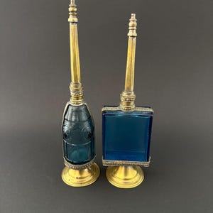 Pair of 1950s French Perfume Bottles | Blue Glass & Brass | Mid-Century Vanity Decor image 1