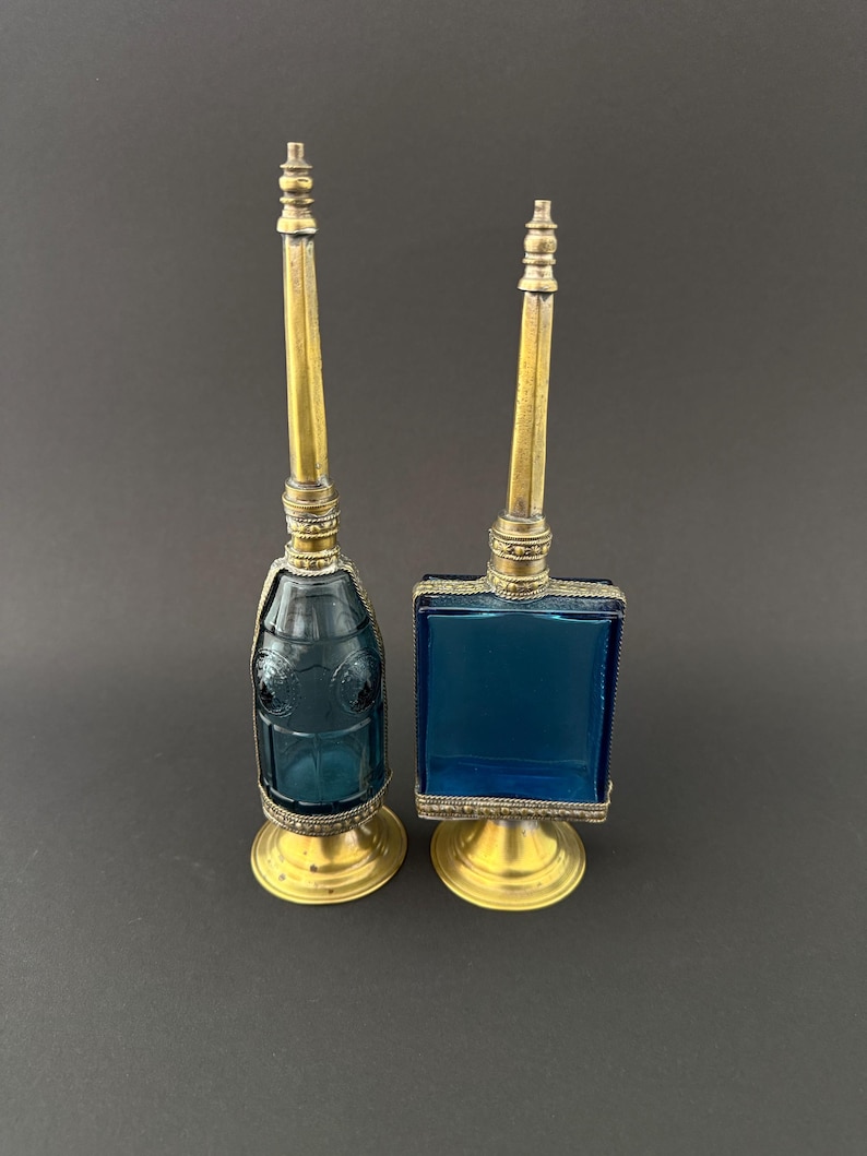 Pair of 1950s French Perfume Bottles | Blue Glass & Brass | Mid-Century Vanity Decor image 1