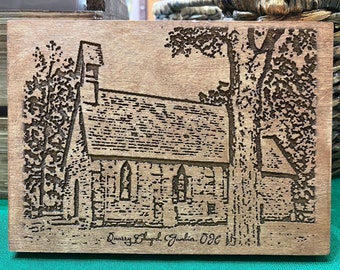 Quarry Chapel engraving on wood panel