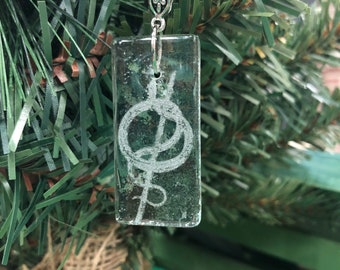 Rod of Asclepius on glass pendant with cord