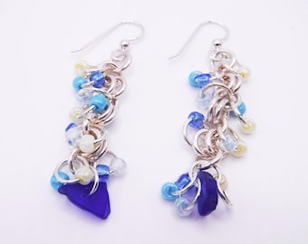 Blue Sea Glass Earrings |Chainmail Sea Glass Earrings | Beach Wedding | Gift for Her