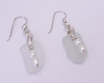White Sea Glass Earrings With White Fresh Water Pearls| Sea Glass Earrings | Beach Glass Earrings | Wedding Jewelry|Christmas Gift