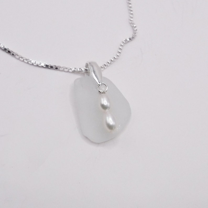 Sea Glass NecklaceWinter White Sea Glass Necklace With White Fresh Water PearlsBeach Glass NecklaceWedding Jewelry image 1