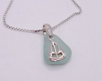 Sea Glass Necklace | Sky Blue Sea Glass Necklace With Sailboat | Beach Glass Necklace | Nautical Necklace