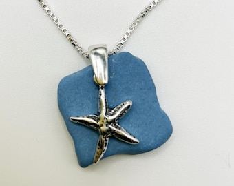 Sea Glass Necklace| Wedgewood Blue Pottery Pendant| Starfish Necklace