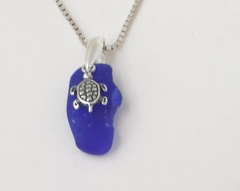 Sea Glass Pendant|Cobalt Blue Sea Glass Pendant With Turtle Charm|Beach Glass Necklace|Authentic Sea Glass Necklace