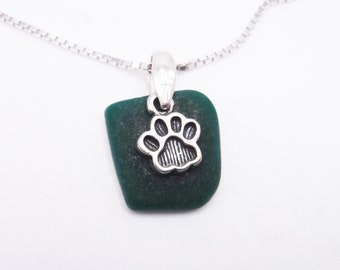 Sea Glass Necklace| Teal Green Sea Glass Necklace With Dog Paw Print Char |Beach Glass Necklace | Dog Lover Sea Glass Necklace