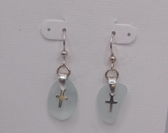 Sea Glass Earrings| Soft Blue Sea Glass Earrings with Cross Charms | Religious Earrings | Easter Gift