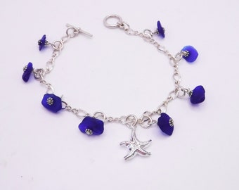 Sea Glass Bracelet |Cobalt Blue Sea Glass and Starfish Dangle Bracelet | Beach Glass Bracelet |Sterling Silver Bracelet |Starfish Bracelet