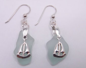Sea Glass Earrings  | Mint Green Sea Glass Earrings With Sailboats |Beach Glass Earrings |Sailboat Earrings| Christmas Gift